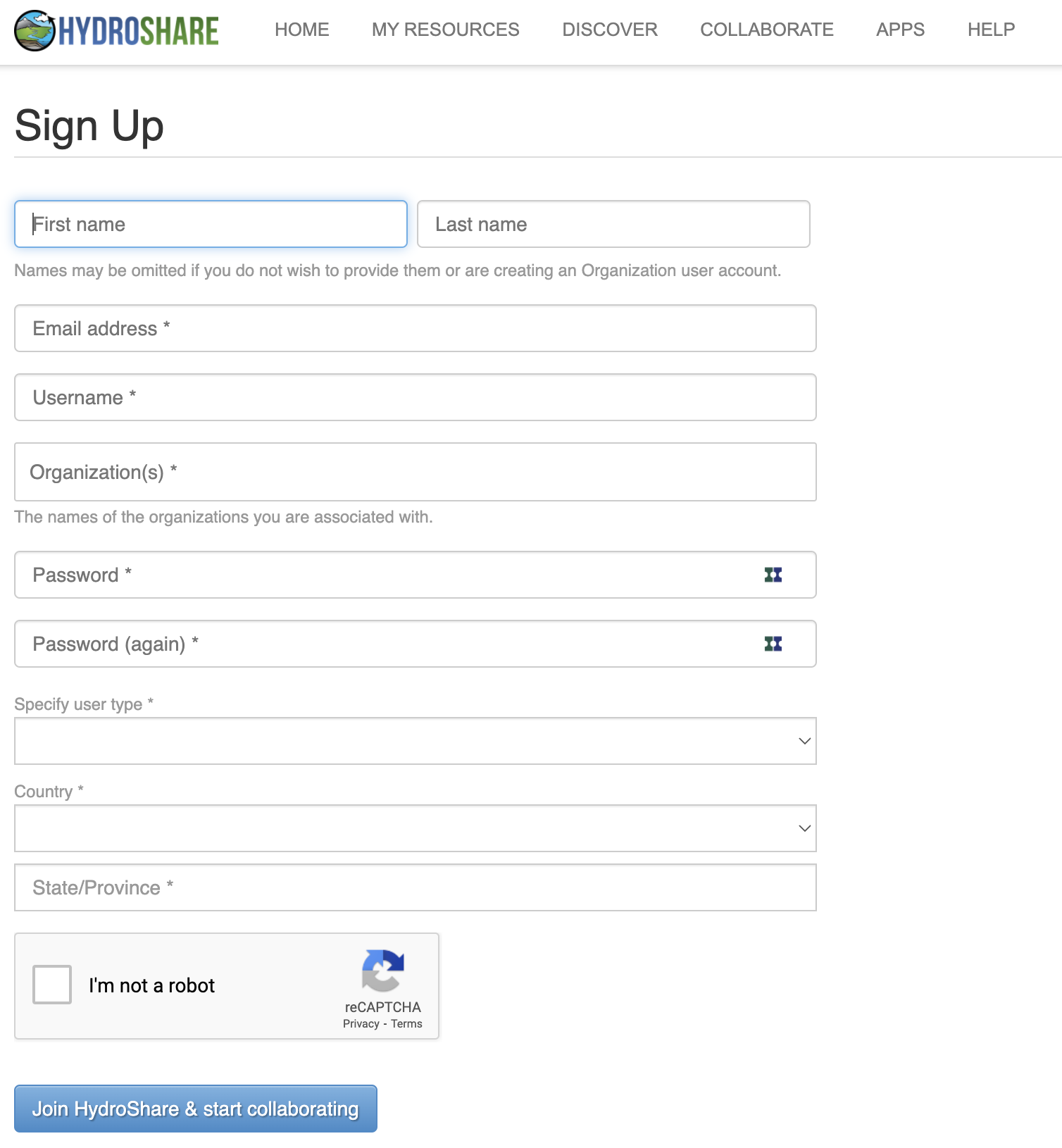 Hydroshare Registration